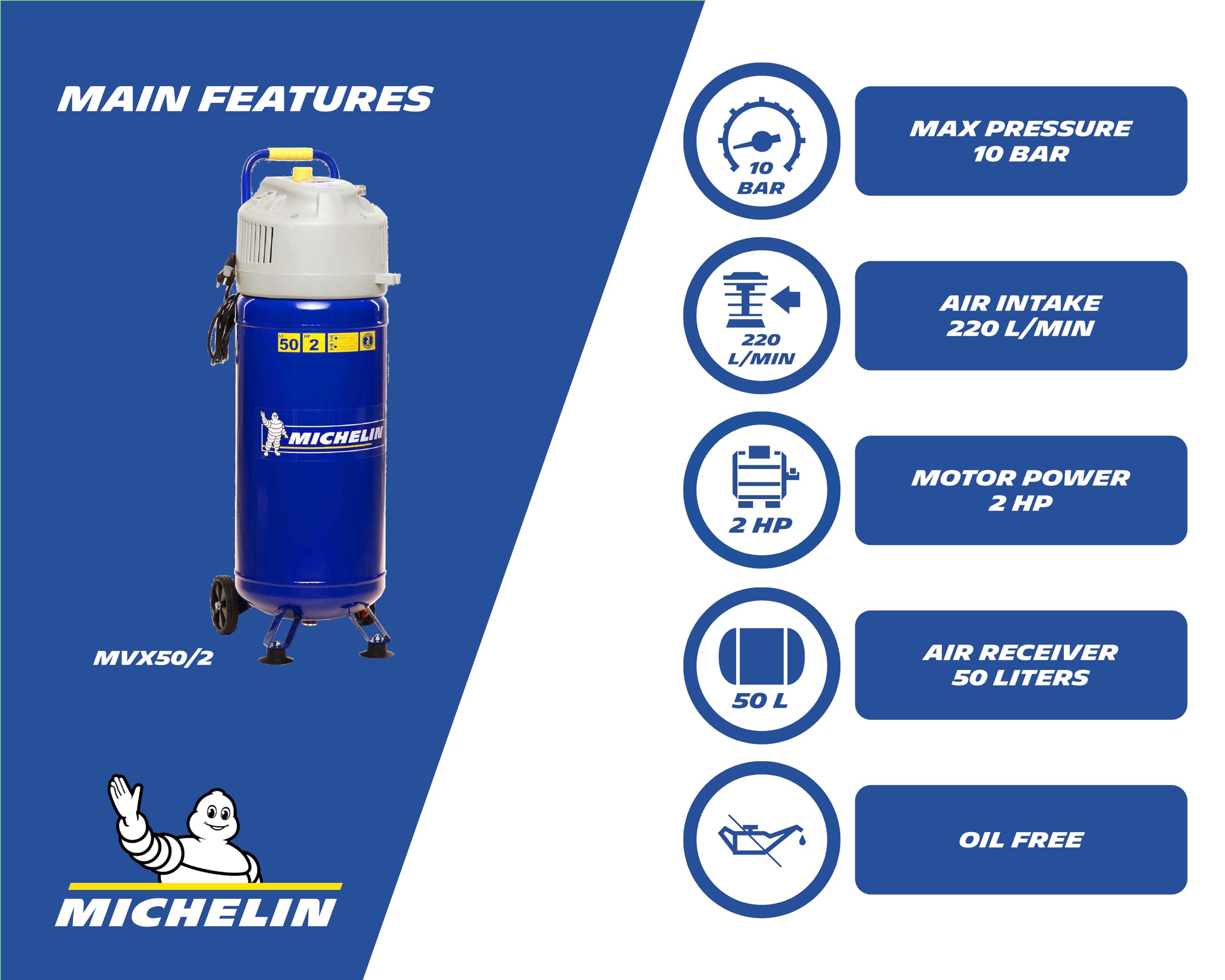 michelin-mvx50-2-vertikaler-druckluftkompressor-lfrei-50-liter-10-bar-2-ps image 2