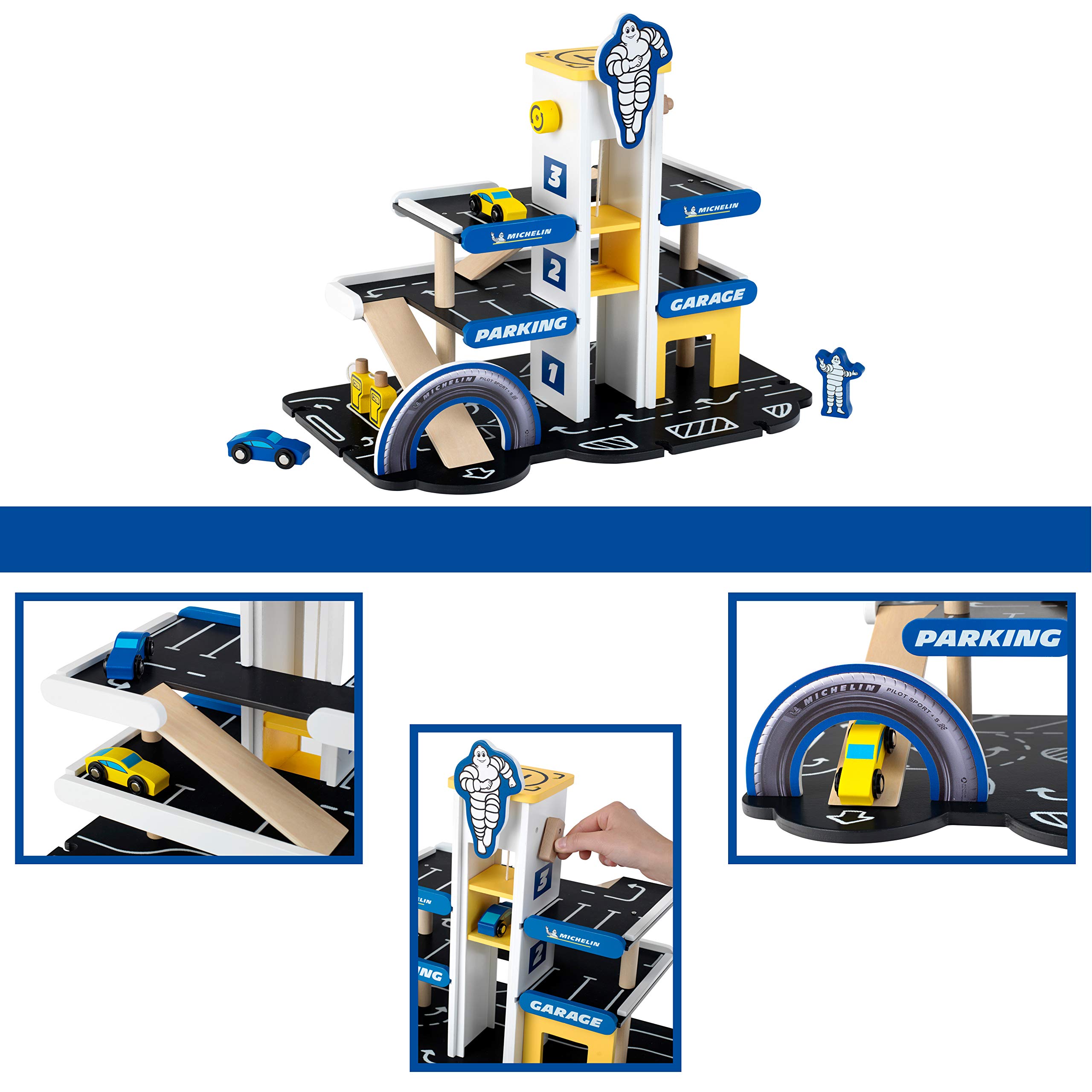 theo-klein-3404-michelin-parkhaus-aus-holz-3-ebenen-mit-2-autos-lift-zapfs-ulen- image 2