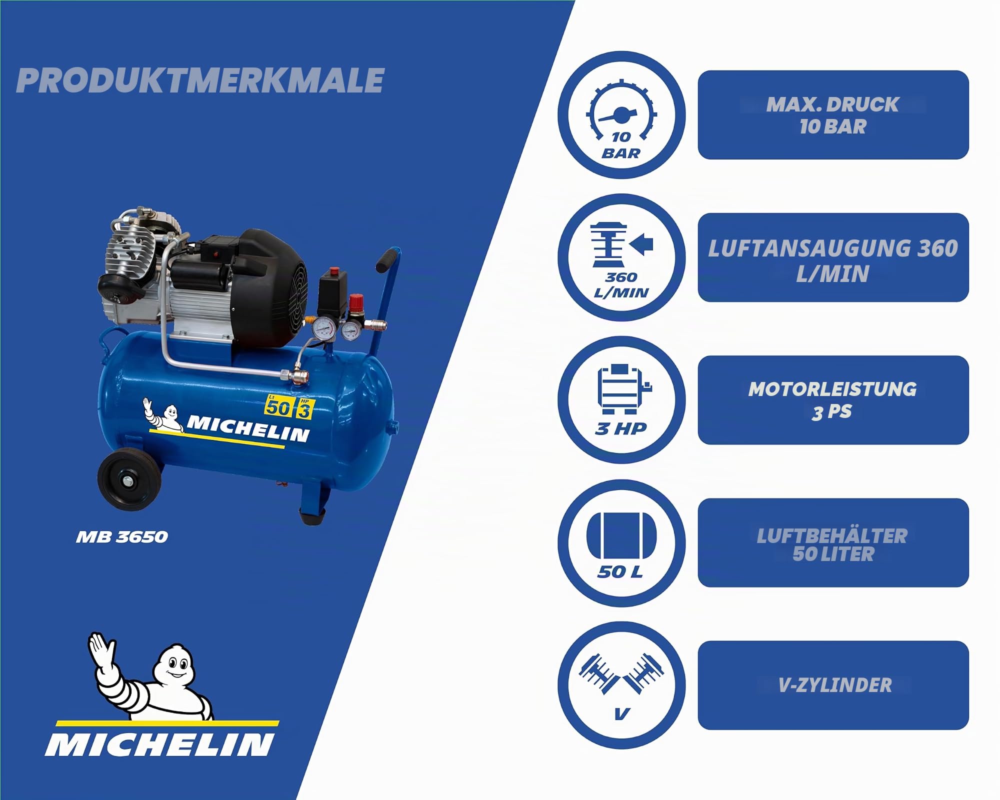 michelin-mb-3650-tragbarer-luftkompressor-50-l-tank-2-2-kw-10-bar-360-l-min image 2