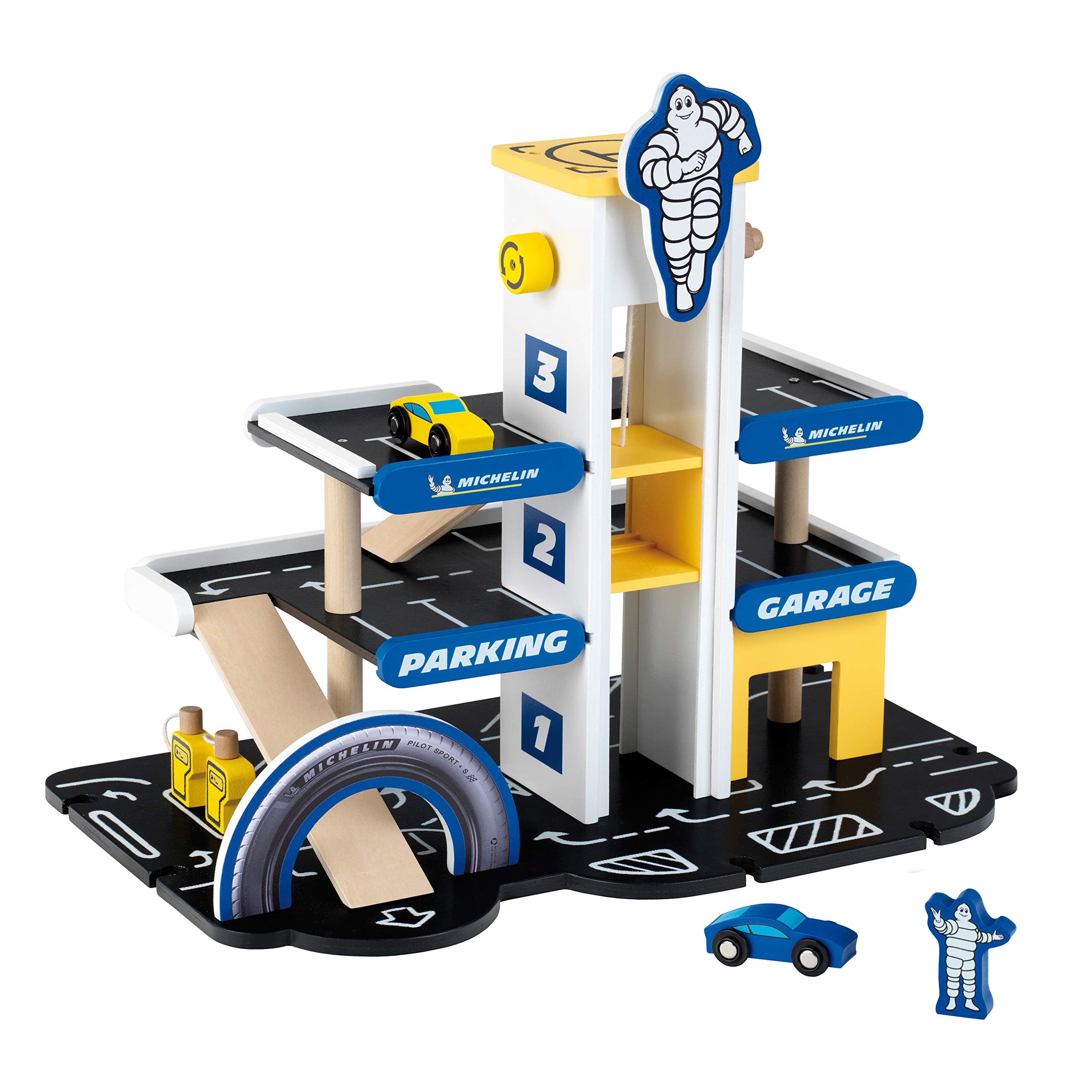 theo-klein-3404-michelin-parkhaus-aus-holz-3-ebenen-mit-2-autos-lift-zapfs-ulen- image 1